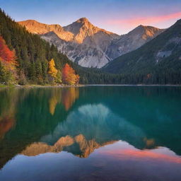 A serene mountain landscape at sunset, with the vibrant colors reflecting on a tranquil lake.