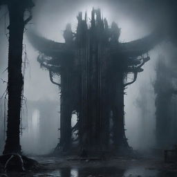 An image of organic and decaying structures, enveloped in a dark and foggy atmosphere, in the style of H