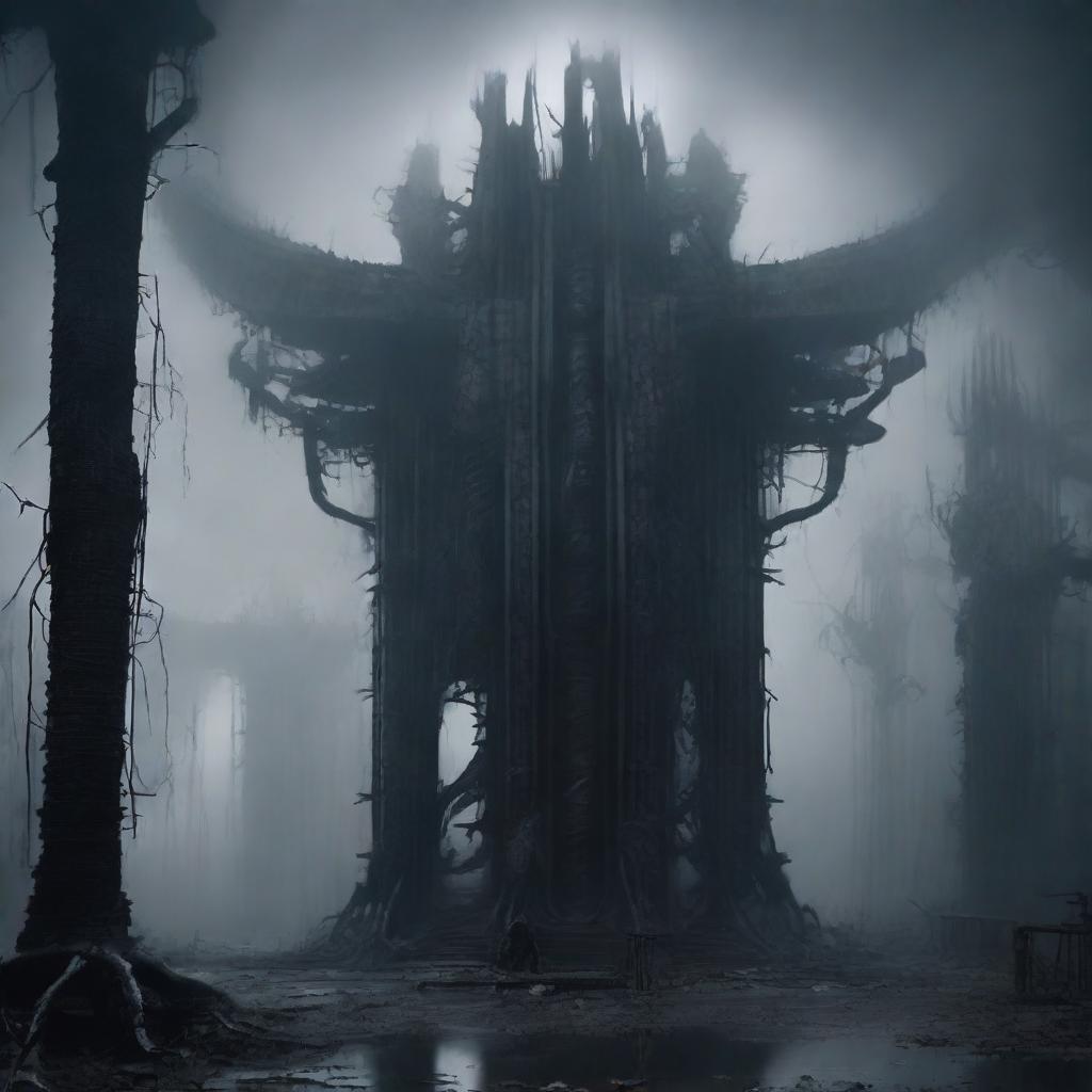An image of organic and decaying structures, enveloped in a dark and foggy atmosphere, in the style of H
