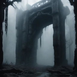 An image of organic and decaying structures, enveloped in a dark and foggy atmosphere, in the style of H