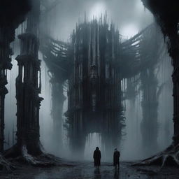 An image of organic and decaying structures, enveloped in a dark and foggy atmosphere, in the style of H