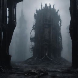 An image of organic and decaying structures, enveloped in a dark and foggy atmosphere, in the style of H