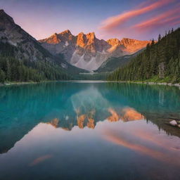 A serene mountain landscape at sunset, with the vibrant colors reflecting on a tranquil lake.