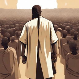 Create an image where Nuh (Noah) is standing in front of his people, who are all opposing him