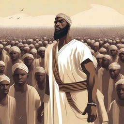 Create an image where Nuh (Noah) is standing in front of his people, who are all opposing him