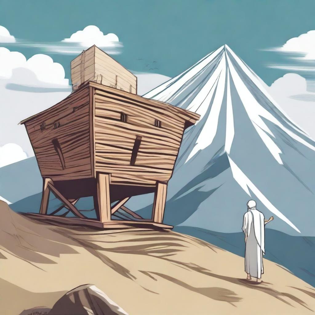 Generate an image of Prophet Nuh (Noah) building an ark on top of a mountain