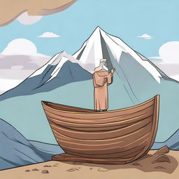 Generate an image of Prophet Nuh (Noah) building an ark on top of a mountain