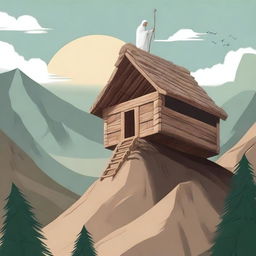 Generate an image of Prophet Nuh (Noah) building an ark on top of a mountain