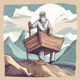 Generate an image of Prophet Nuh (Noah) building an ark on top of a mountain