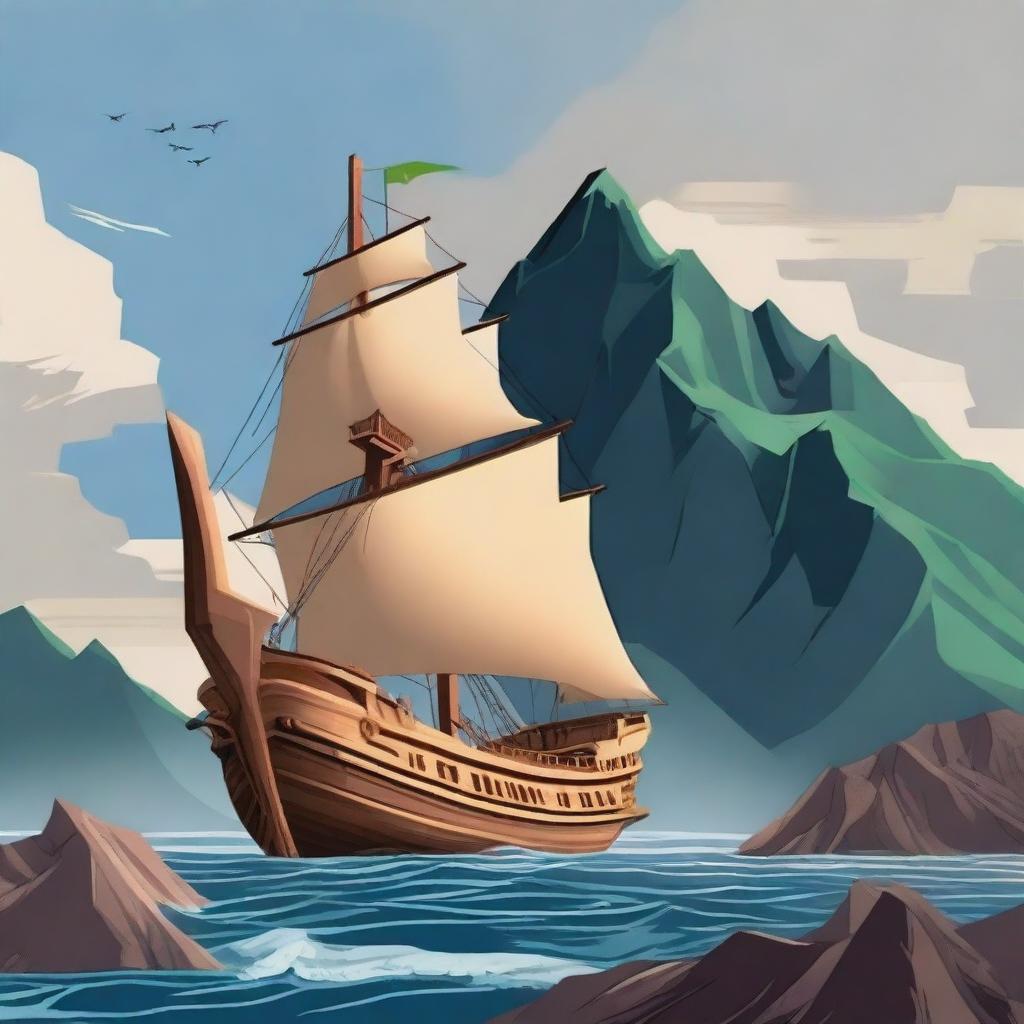 Create an image where Prophet Nuh (Noah) is constructing a large ship on top of a mountain