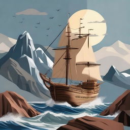 Create an image where Prophet Nuh (Noah) is constructing a large ship on top of a mountain