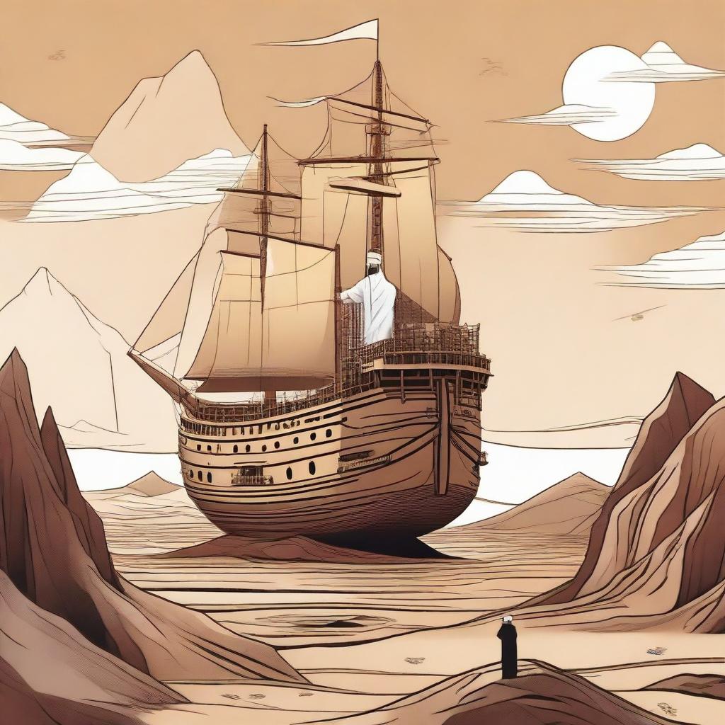 Generate an image of Prophet Nuh (Noah) building a large ship on top of a mountain, with no sea water in sight