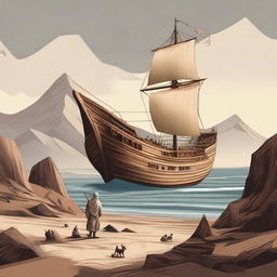 Generate an image of Prophet Nuh (Noah) building a large ship on top of a mountain, with no sea water in sight