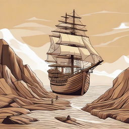 Generate an image of Prophet Nuh (Noah) building a large ship on top of a mountain, with no sea water in sight