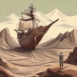 Generate an image of Prophet Nuh (Noah) building a large ship on top of a mountain, with no sea water in sight