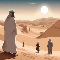 Illustrate a scene where the prophet Hud is being sent to the people of 'Ad in the land of Ahqaf