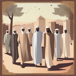 Illustrate a scene where Prophet Hud is returning home with his followers after preaching