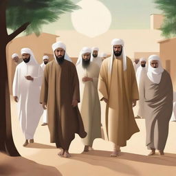 Illustrate a scene where Prophet Hud is returning home with his followers after preaching