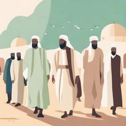 Illustrate a scene where Prophet Hud is returning home with his followers after preaching