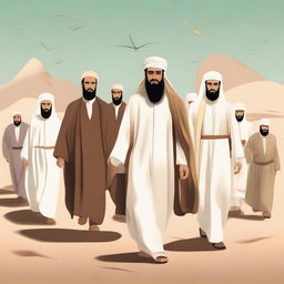 Illustrate a scene where Prophet Hud is returning home with his followers after preaching