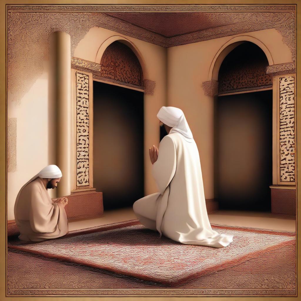 Depict a scene where Prophet Hud is at home, praying to Allah