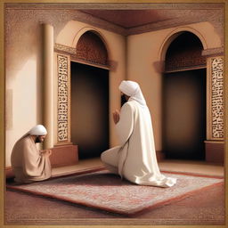 Depict a scene where Prophet Hud is at home, praying to Allah