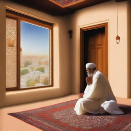 Depict a scene where Prophet Hud is at home, praying to Allah