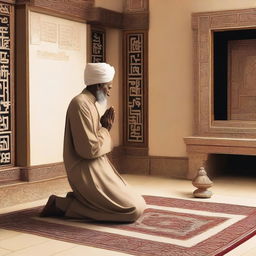 Depict a scene where Prophet Hud is at home, praying to Allah