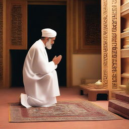 Depict a scene where Prophet Hud is at home, praying to Allah