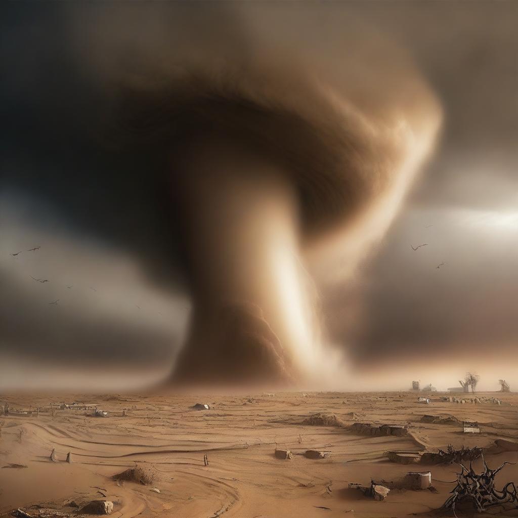Depict a scene where, after three days of drought, Allah sends a punishment upon the people of 'Ad in the form of a tornado
