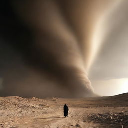 Depict a scene where, after three days of drought, Allah sends a punishment upon the people of 'Ad in the form of a tornado