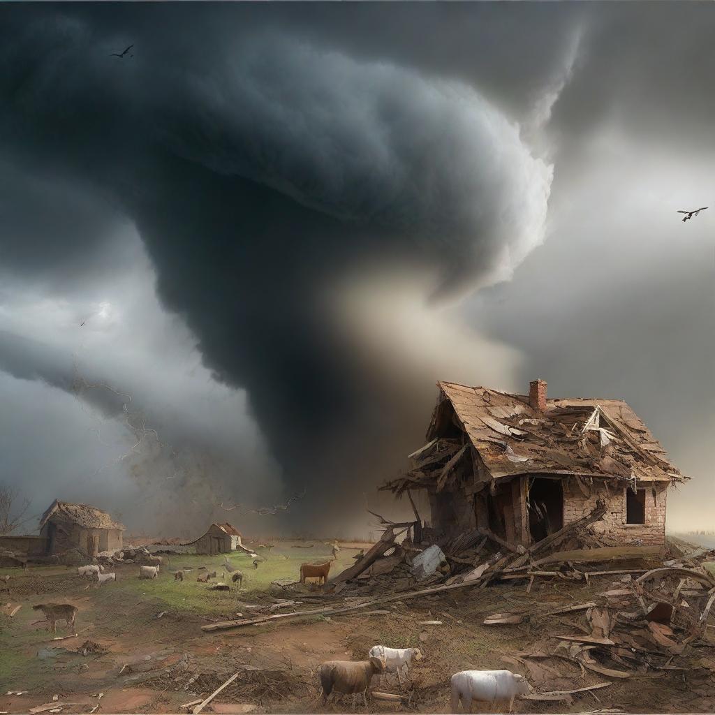Illustrate a scene where houses and livestock are being swept away by the fierce tornado sent as a punishment by Allah to the people of 'Ad