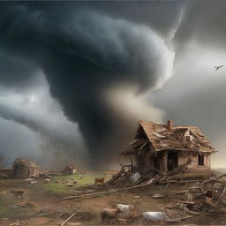 Illustrate a scene where houses and livestock are being swept away by the fierce tornado sent as a punishment by Allah to the people of 'Ad
