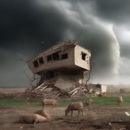 Illustrate a scene where houses and livestock are being swept away by the fierce tornado sent as a punishment by Allah to the people of 'Ad