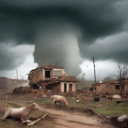 Illustrate a scene where houses and livestock are being swept away by the fierce tornado sent as a punishment by Allah to the people of 'Ad
