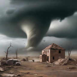 Illustrate a scene where houses and livestock are being swept away by the fierce tornado sent as a punishment by Allah to the people of 'Ad