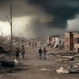 Depict a scene where the people of 'Ad are leaving their city in the aftermath of the destructive tornado