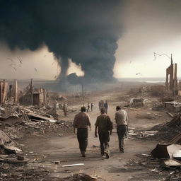 Depict a scene where the people of 'Ad are leaving their city in the aftermath of the destructive tornado