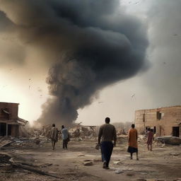 Depict a scene where the people of 'Ad are leaving their city in the aftermath of the destructive tornado