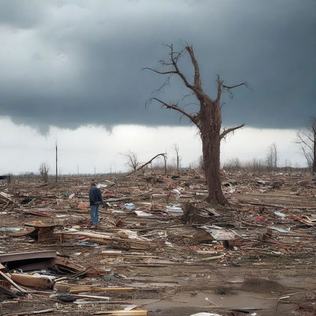 Illustrate a somber scene where, three days after the tornado, the people of 'Ad have perished
