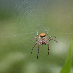 A joyful spider with a large smile, sitting on a delicate web, surrounded by a vibrant, natural background.