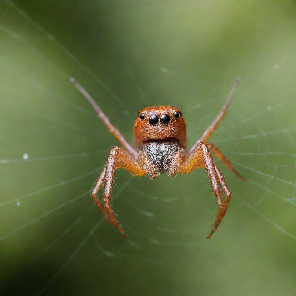 A joyful spider with a large smile, sitting on a delicate web, surrounded by a vibrant, natural background.