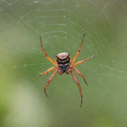 A joyful spider with a large smile, sitting on a delicate web, surrounded by a vibrant, natural background.