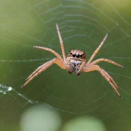 A joyful spider with a large smile, sitting on a delicate web, surrounded by a vibrant, natural background.