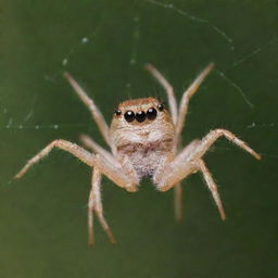 The joyful spider previously pictured, now even happier, big laughing eyes and a grin stretching across its face, while relaxing happily on its intricate web.