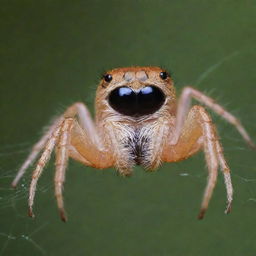 The joyful spider previously pictured, now even happier, big laughing eyes and a grin stretching across its face, while relaxing happily on its intricate web.