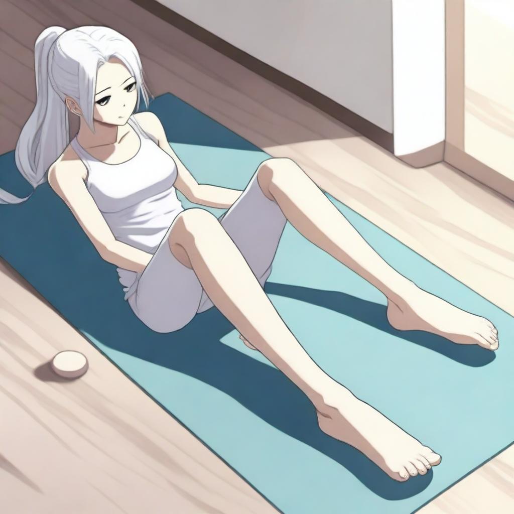 An athletic anime girl with white hair on a yoga mat, showing her feet