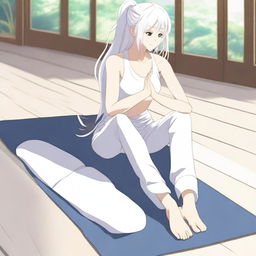 An athletic anime girl with white hair on a yoga mat, showing her feet