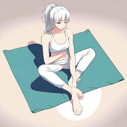 An athletic anime girl with white hair on a yoga mat, showing her feet