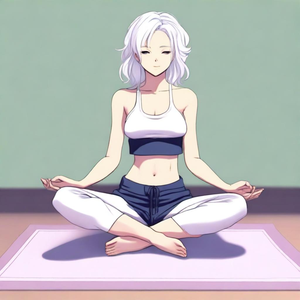 An athletic anime girl with white hair on a yoga mat, showing her feet